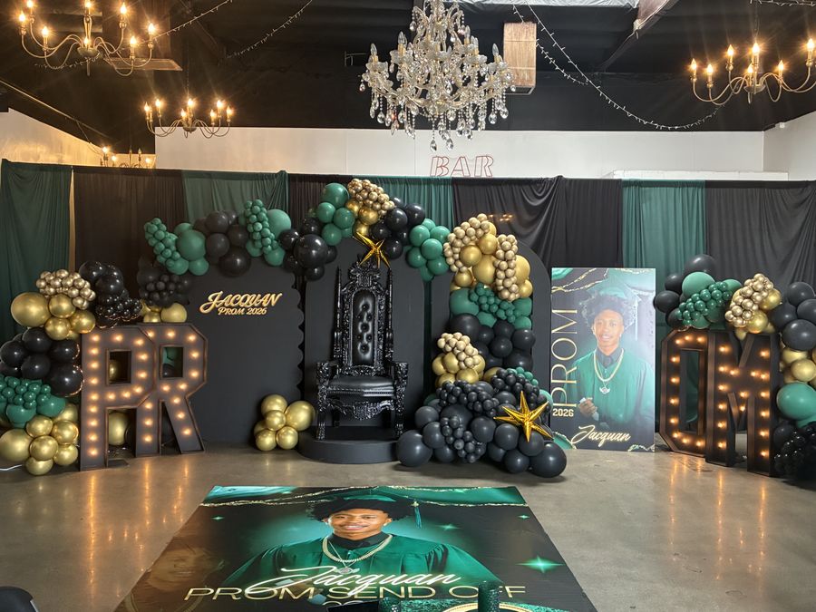 Emerald and gold prom send-off with marquee letters